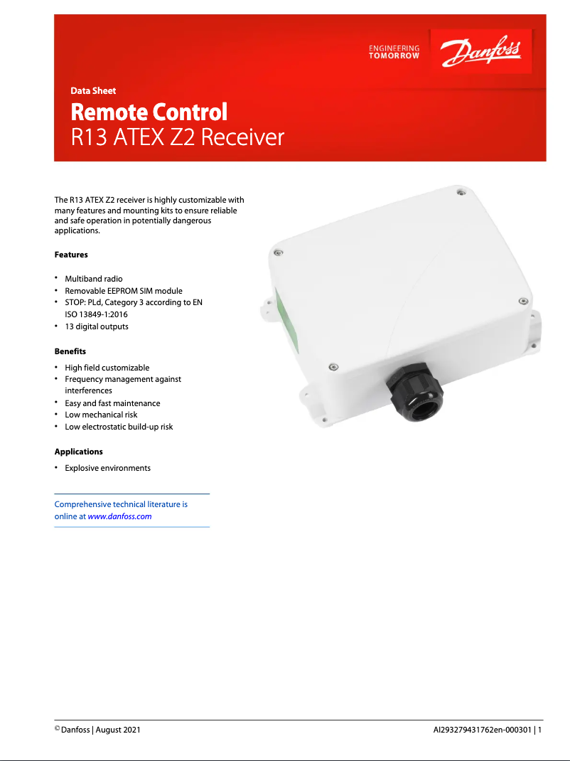 Page 1 de la notice Fiche technique Danfoss R13 ATEX Z2