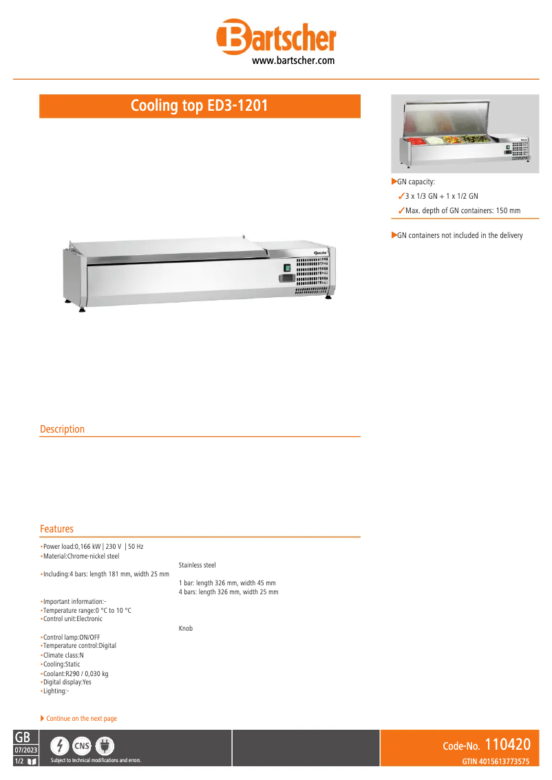 Page n°1 - Fiche technique Bartscher ED3-1201