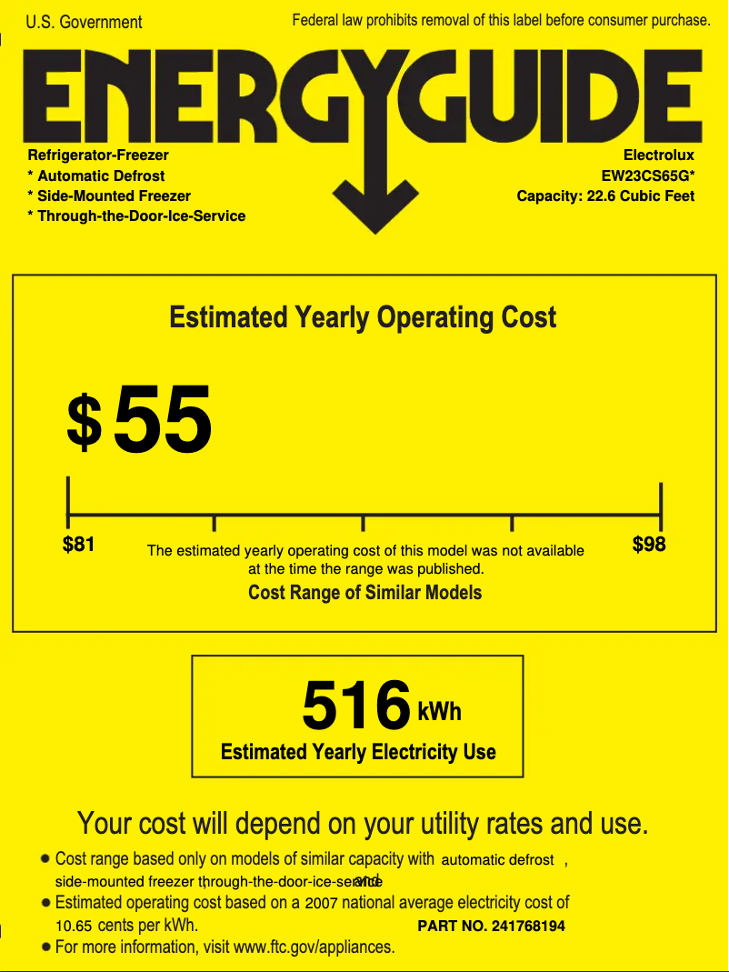 Page 1 de la notice Label énergétique Electrolux EW23CS65GB