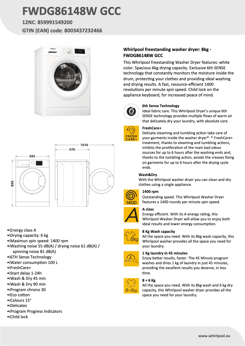 Page 1 de la notice Fiche technique Whirlpool FWDG86148W