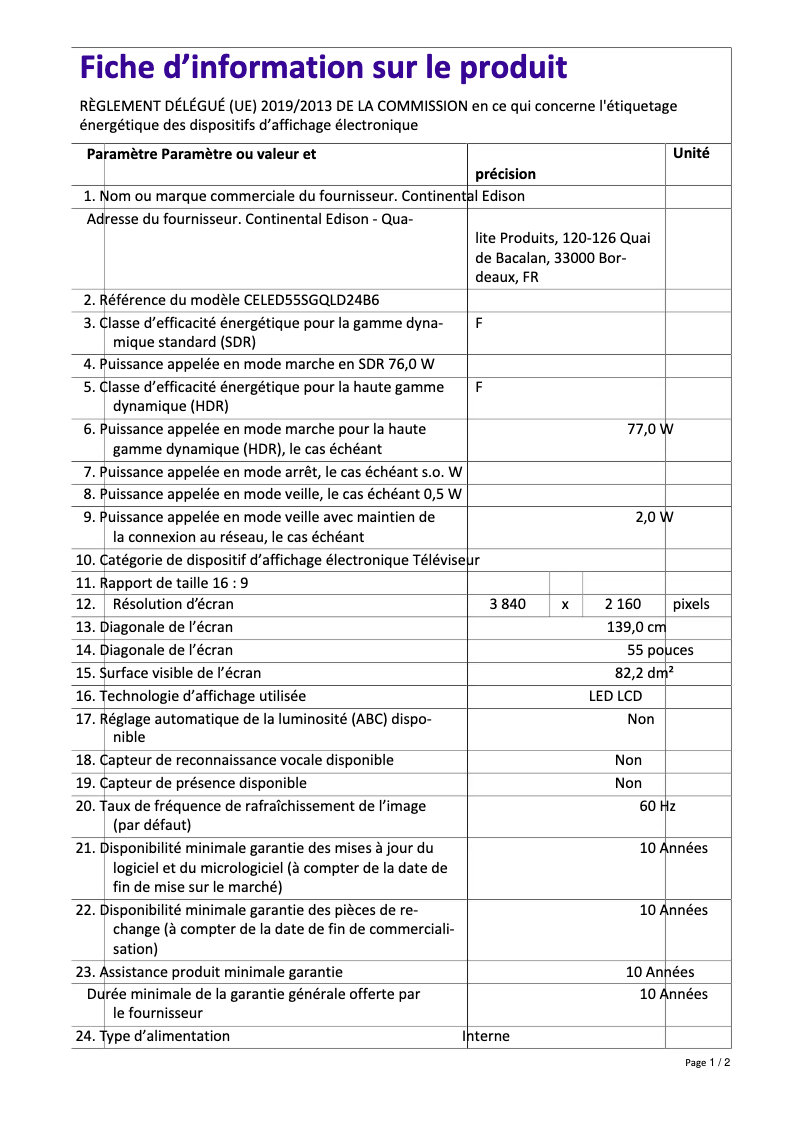 Image de la première page du manuel de l'appareil CELED55SGQLD24B6