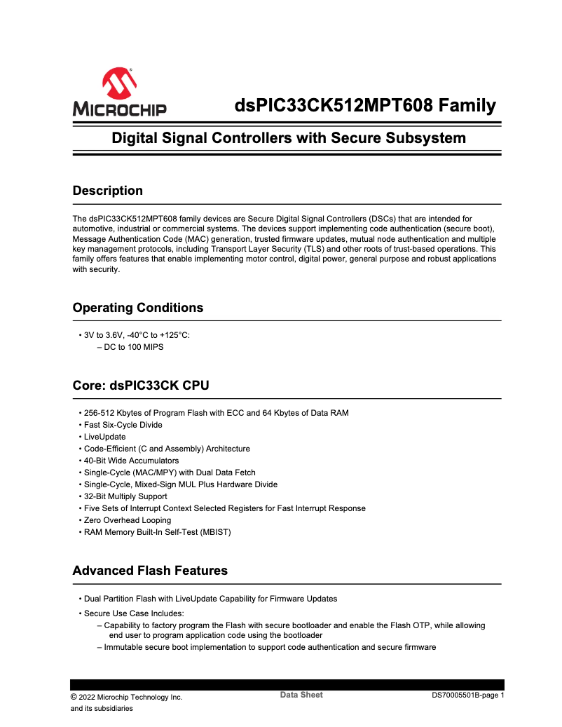 Page 1 de la notice Fiche technique Microchip dsPIC33CK512MPT608