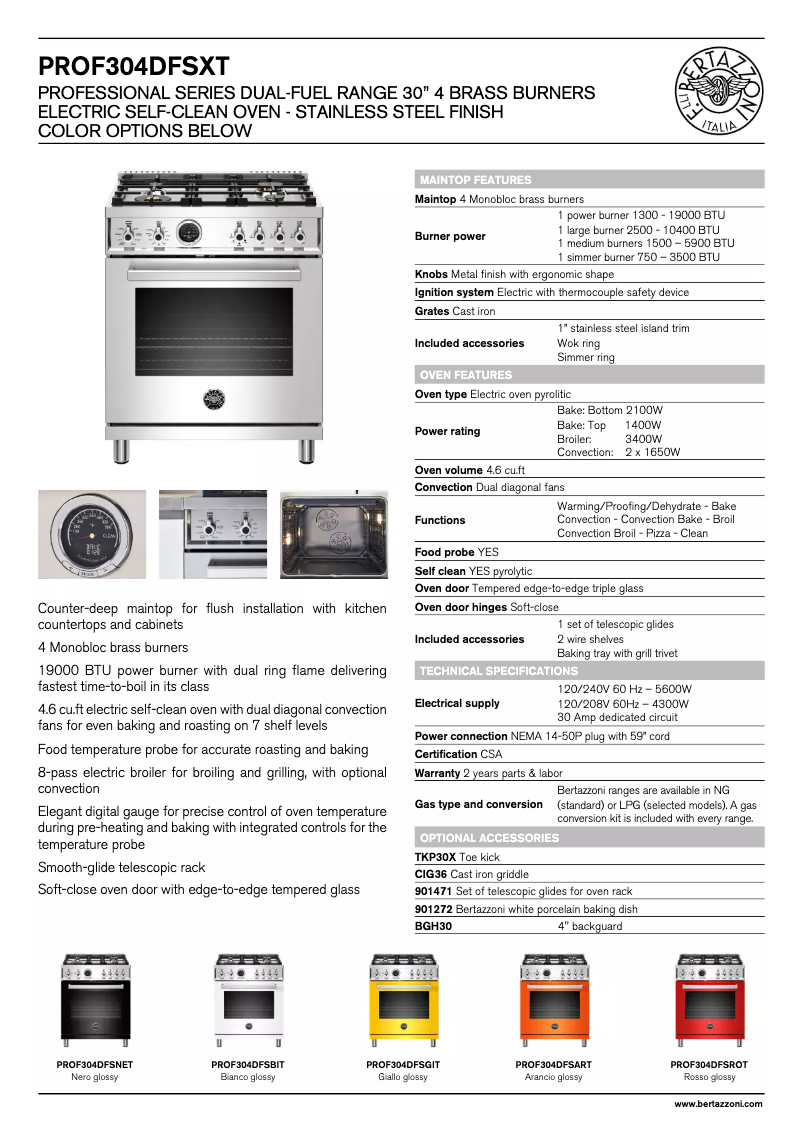 Page n°1 - Fiche technique Bertazzoni PROF304DFSNET
