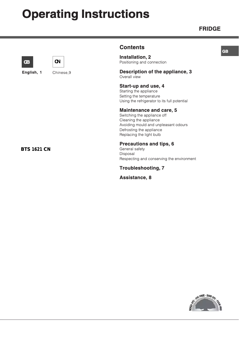 Página 1 del manual Manual de usuario Hotpoint Ariston BTS 1621 C