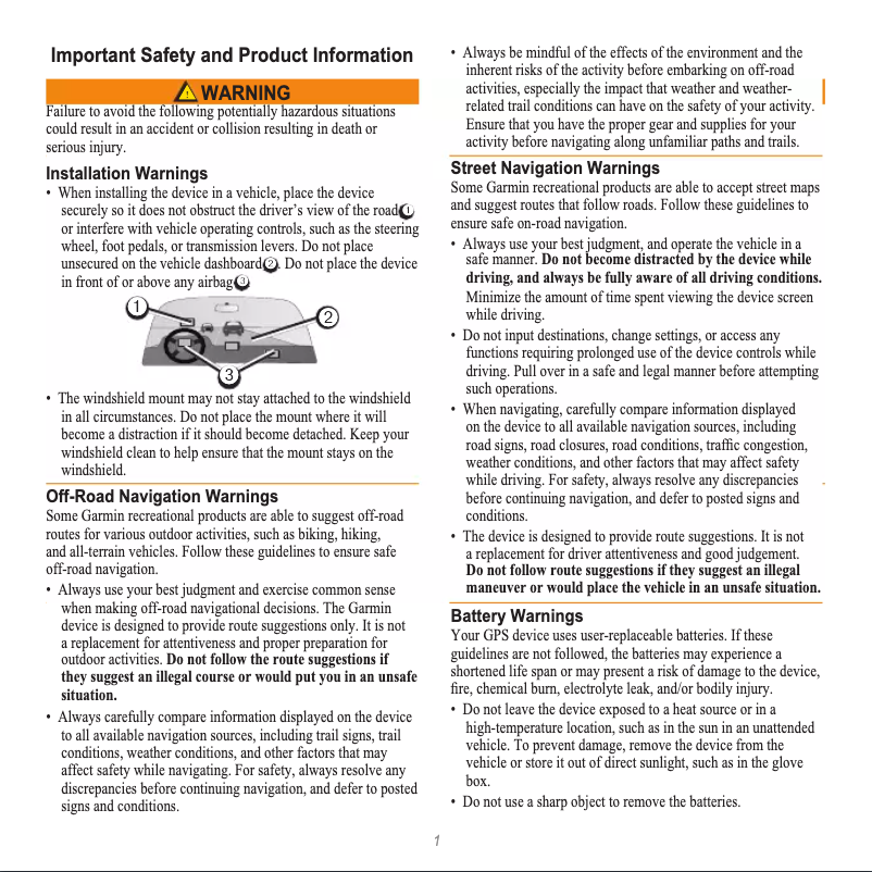 Page 1 de la notice Instructions de sécurité Garmin Rino 655t