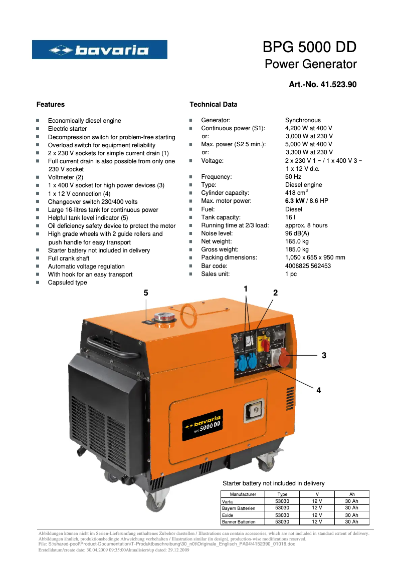 Page 1 de la notice Fiche technique Bavaria BPG 5000 DD