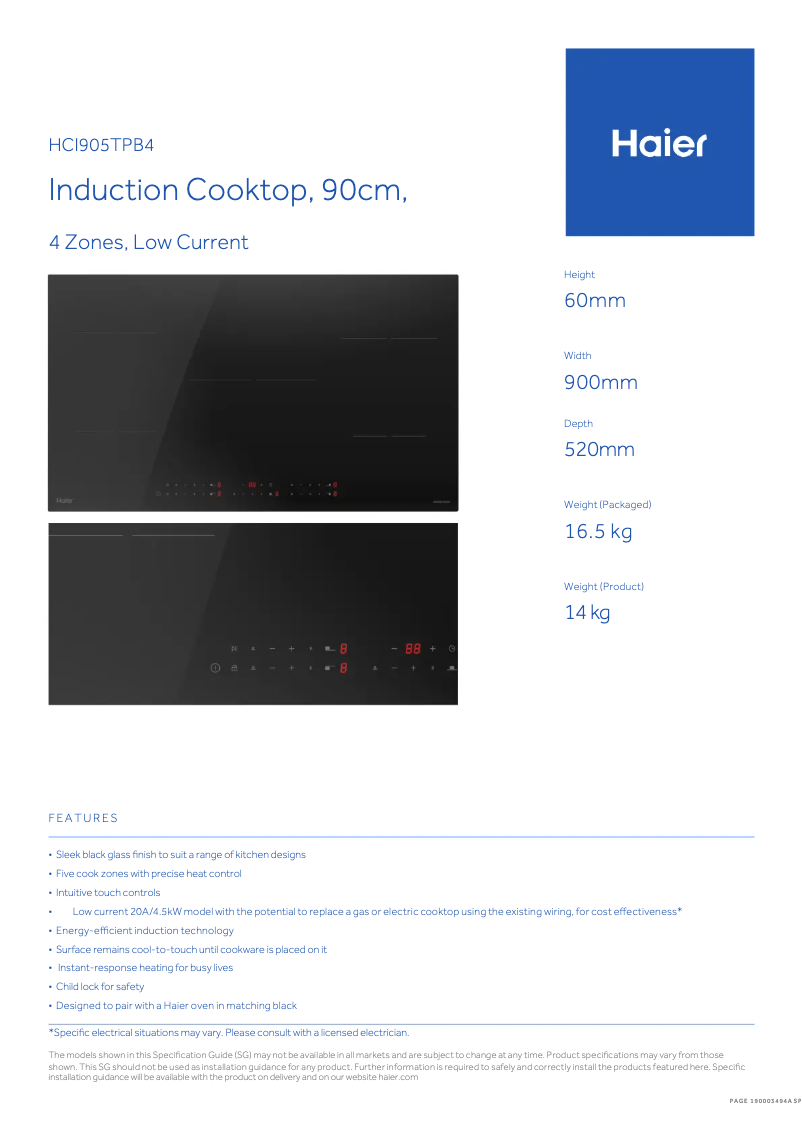 Page 1 de la notice Fiche technique Haier HCI905TPB4