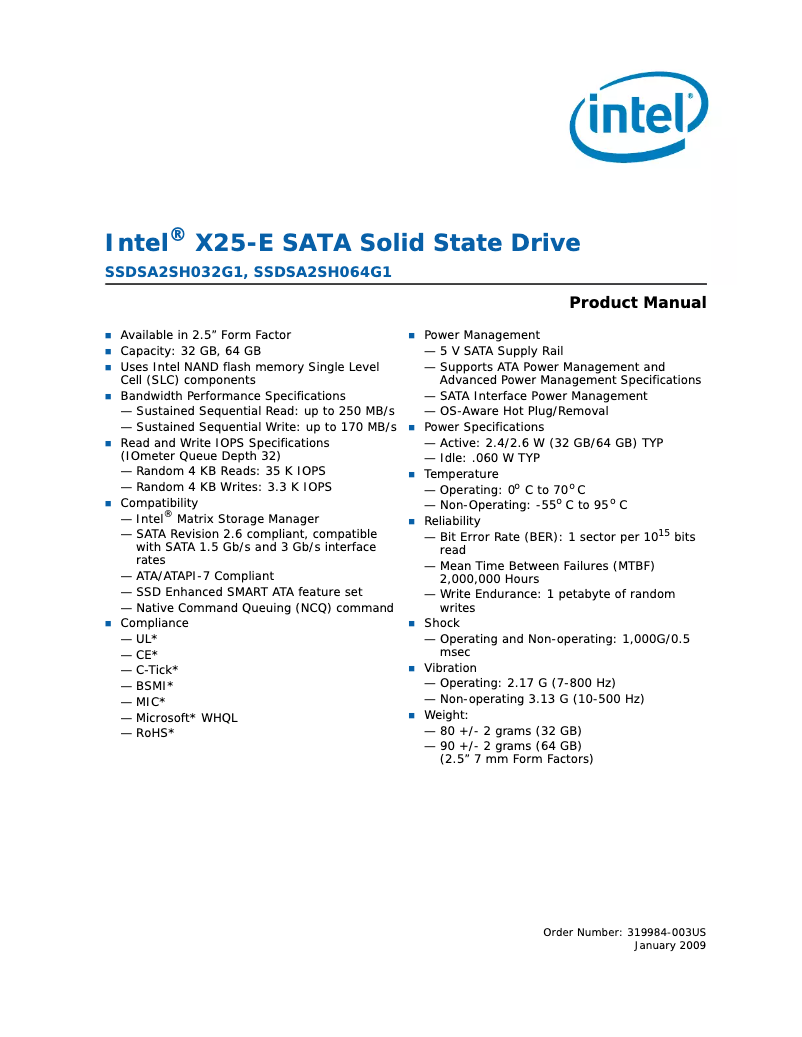 Page n°1 - Manuel utilisateur Intel X25-M