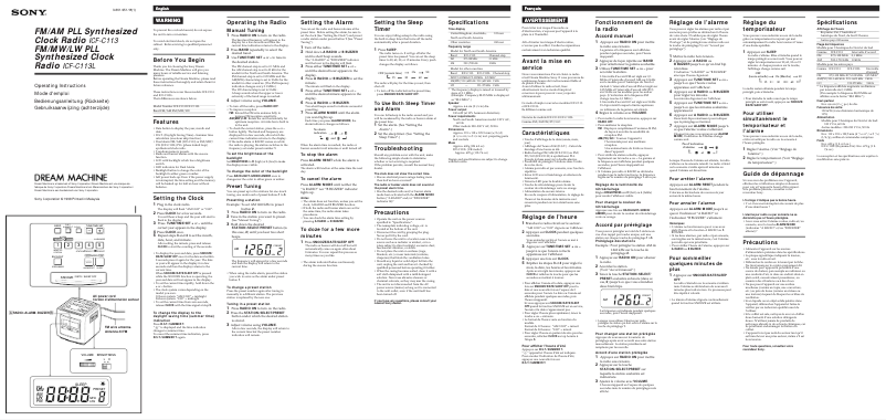 Page 1 de la notice Manuel utilisateur Sony ICF-C113