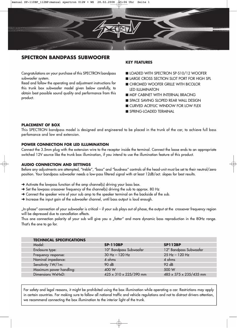 Page 1 de la notice Manuel utilisateur Spectron SP 112