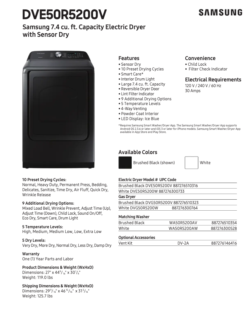 Page 1 de la notice Fiche technique Samsung DVE50R5200V