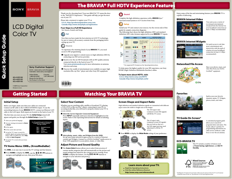 Page 1 de la notice Guide d'installation Sony Bravia KDL-52Z5100