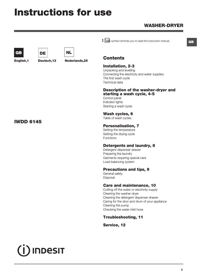 Image de la première page du manuel de l'appareil IWDD 6145