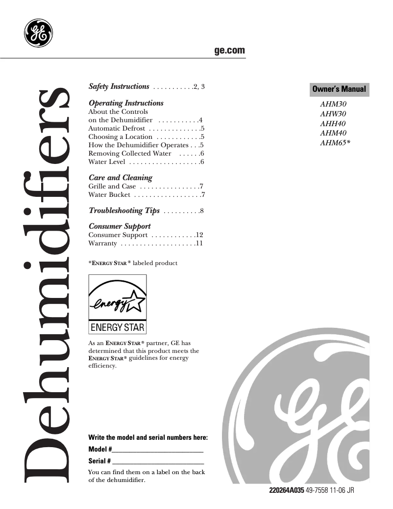 First page image of the manual for AHH40LK