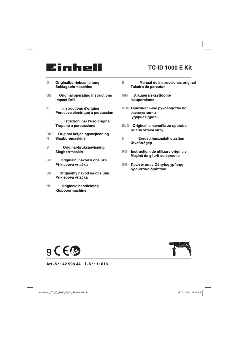 Page 1 de la notice Manuel utilisateur Einhell TC-ID 1000 E Kit