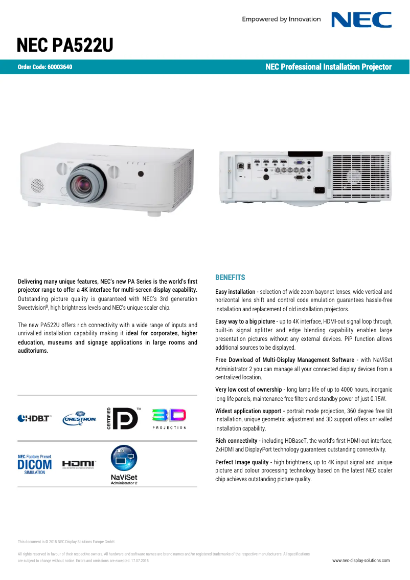 Page 1 de la notice Fiche technique NEC PA522U