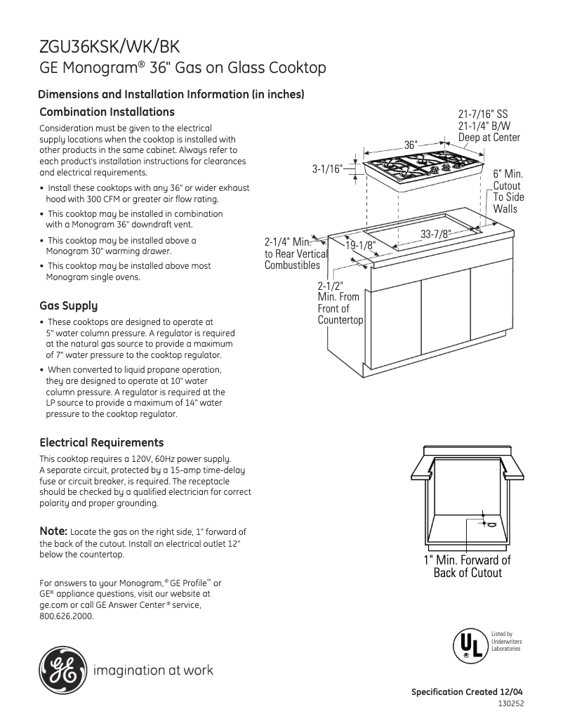 Page 1 of the manual Technical Sheet GE ZGU36KSKSS