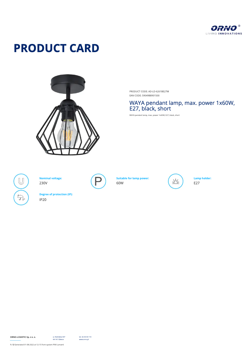 Page 1 de la notice Fiche technique Adviti AD-LD-6261BE27M