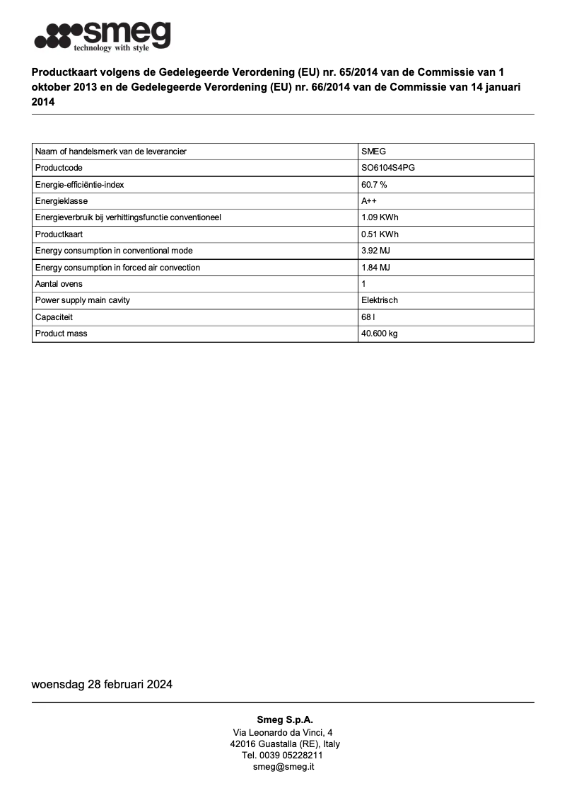 Page n°1 - Fiche technique Smeg SO6104S4PG