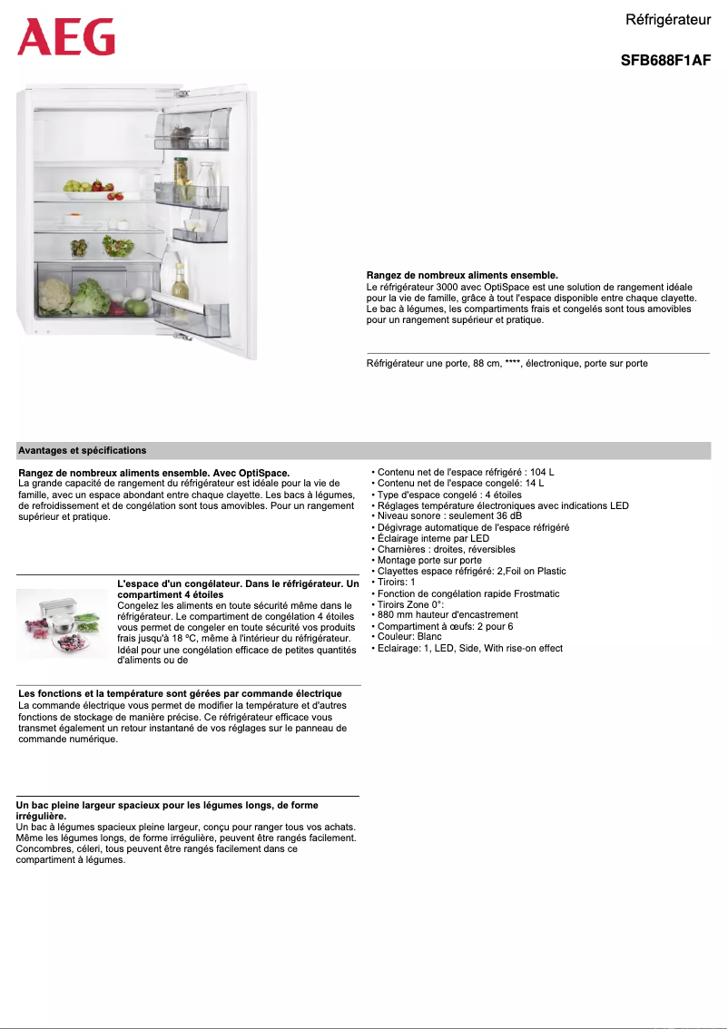 Page 1 de la notice Fiche technique AEG SFB688F1AF