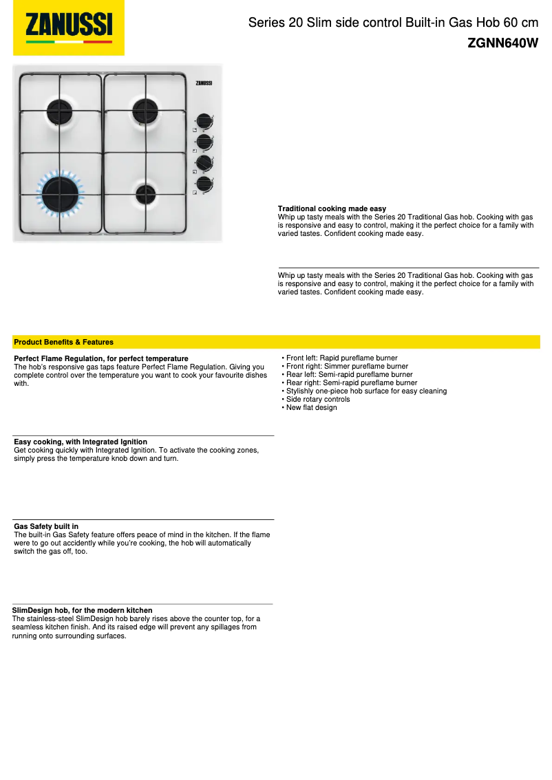 Page 1 de la notice Fiche technique Zanussi ZGNN640W