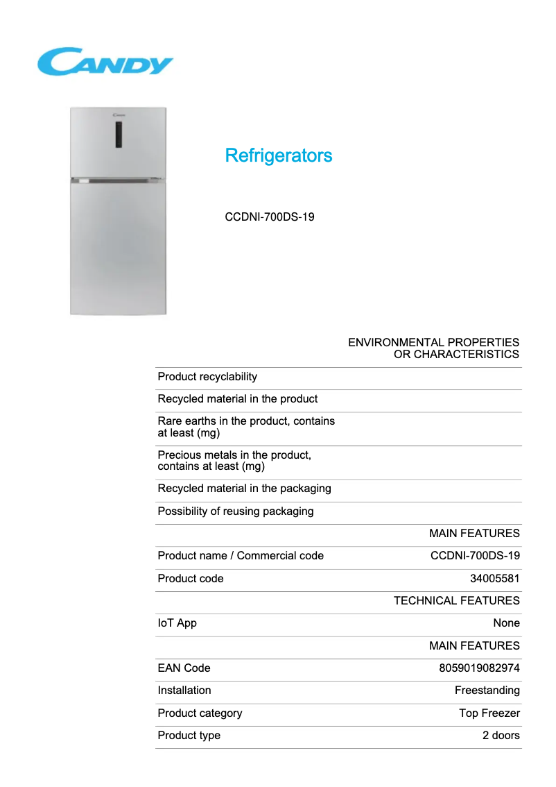 Page 1 de la notice Fiche technique Candy CCDNI-700DS-19