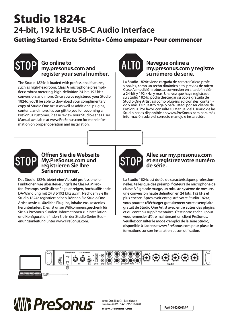 Page 1 de la notice Guide de démarrage rapide PreSonus Studio 1824c