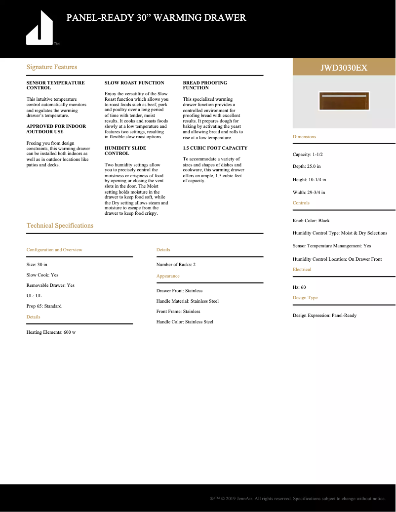 Page n°1 - Fiche technique JennAir JWD3030EX