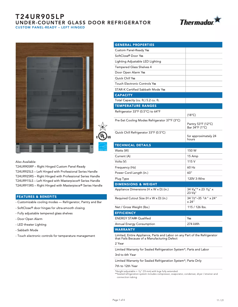Page n°1 - Fiche technique Thermador T24UR905LP