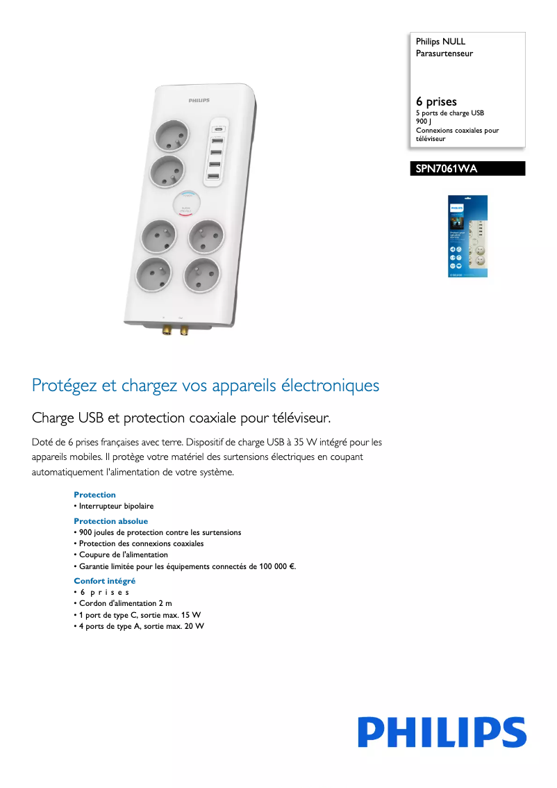 Page 1 de la notice Fiche technique Philips SPN7061WA
