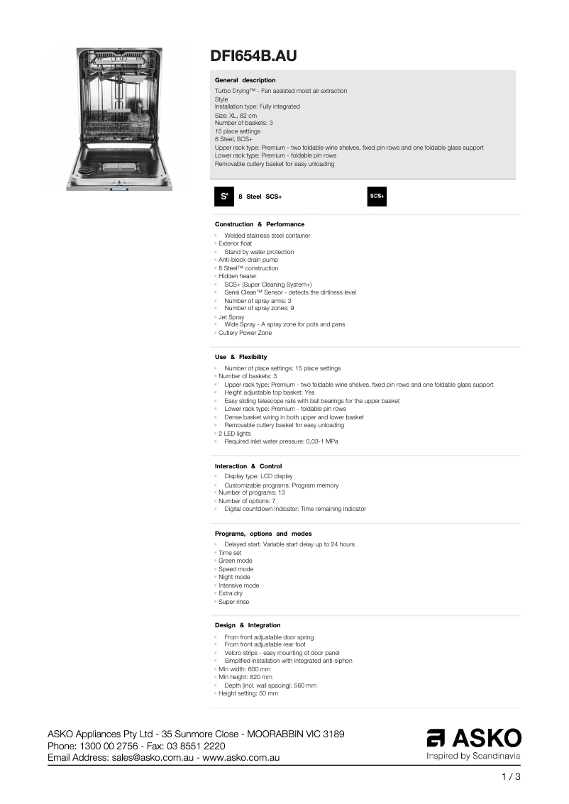 Page n°1 - Fiche technique Asko DFI654B.AU