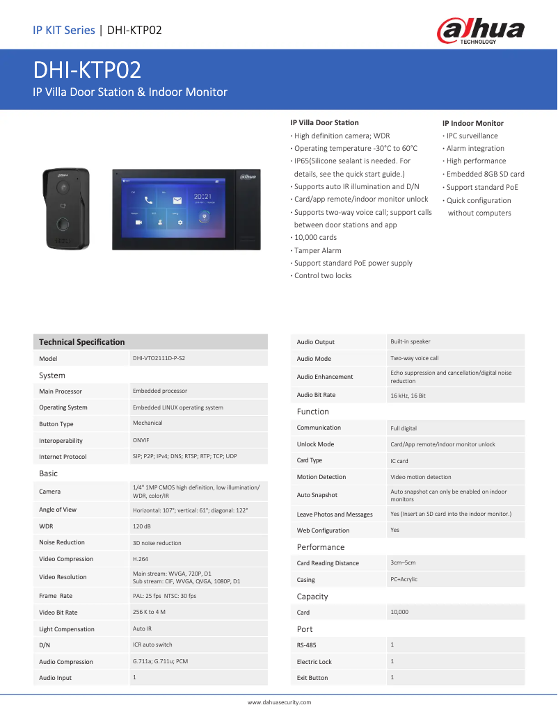 Page 1 de la notice Fiche technique Dahua Technology KTP02