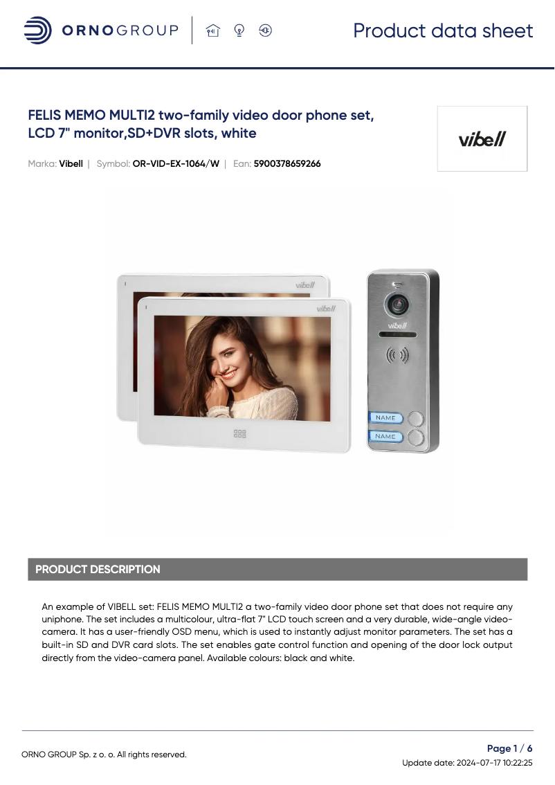 Page 1 de la notice Fiche technique Vibell OR-VID-EX-1064