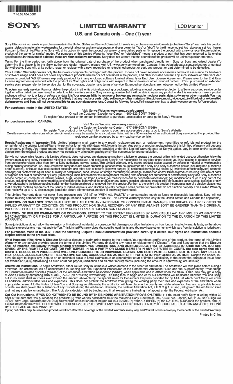 Page n°1 - Informations de garantie Sony SDM-F27M30