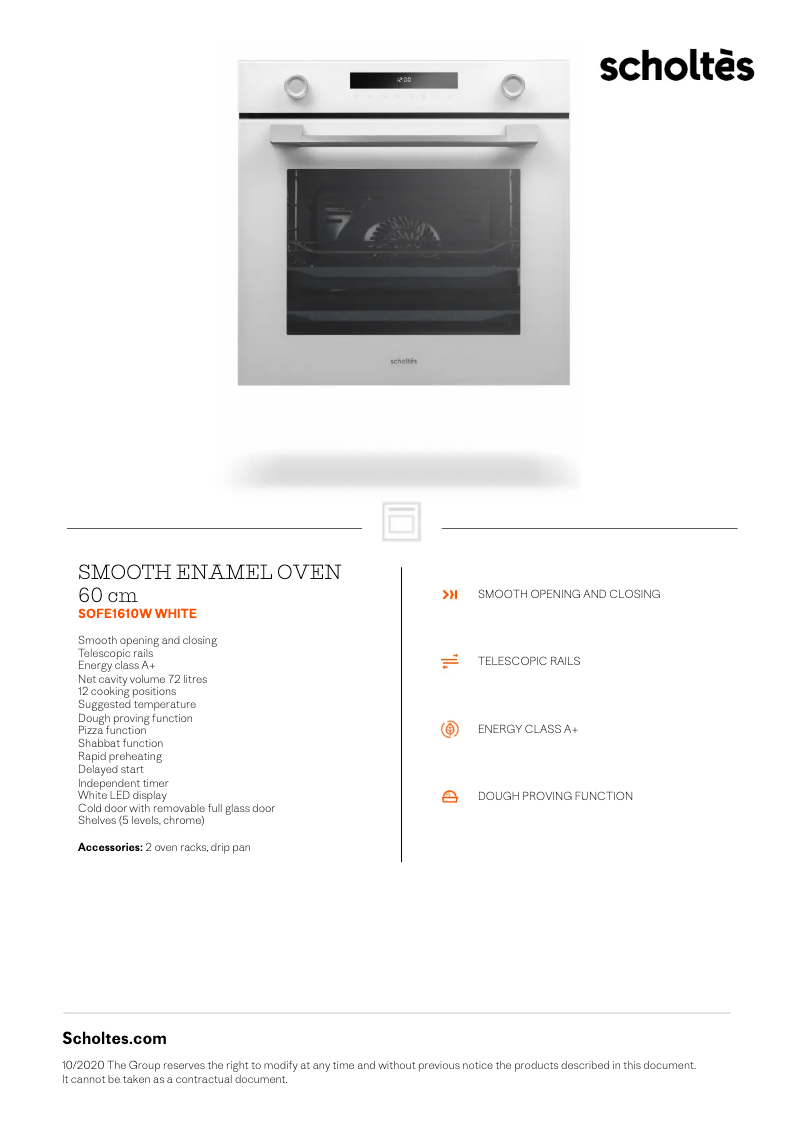 Page 1 de la notice Fiche technique Scholtès SOFE1610W