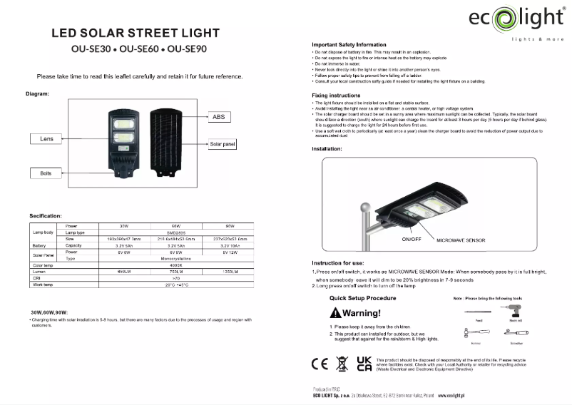 Page n°1 - Manuel utilisateur Ecolight OU-SE60
