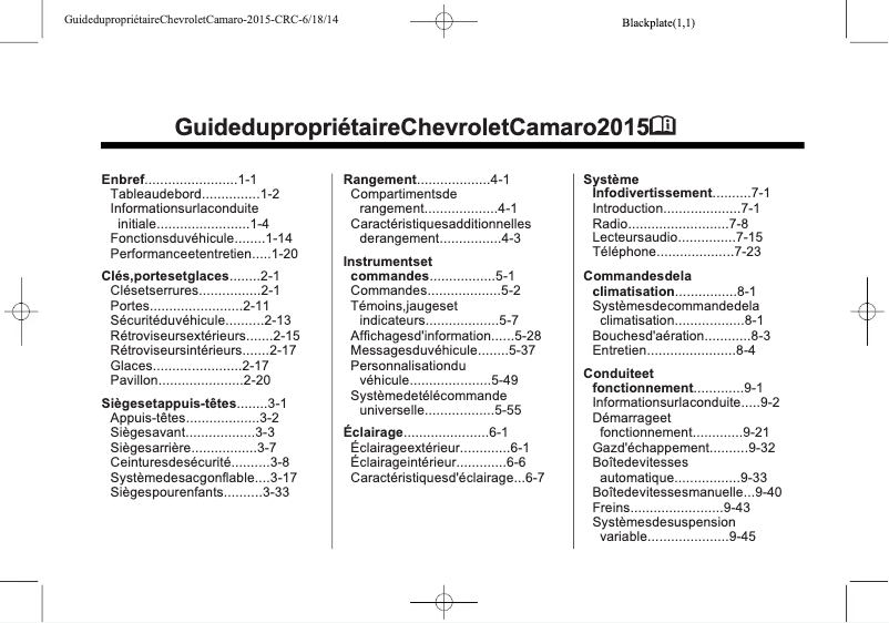Page 1 de la notice Manuel utilisateur Chevrolet Camaro (2015)