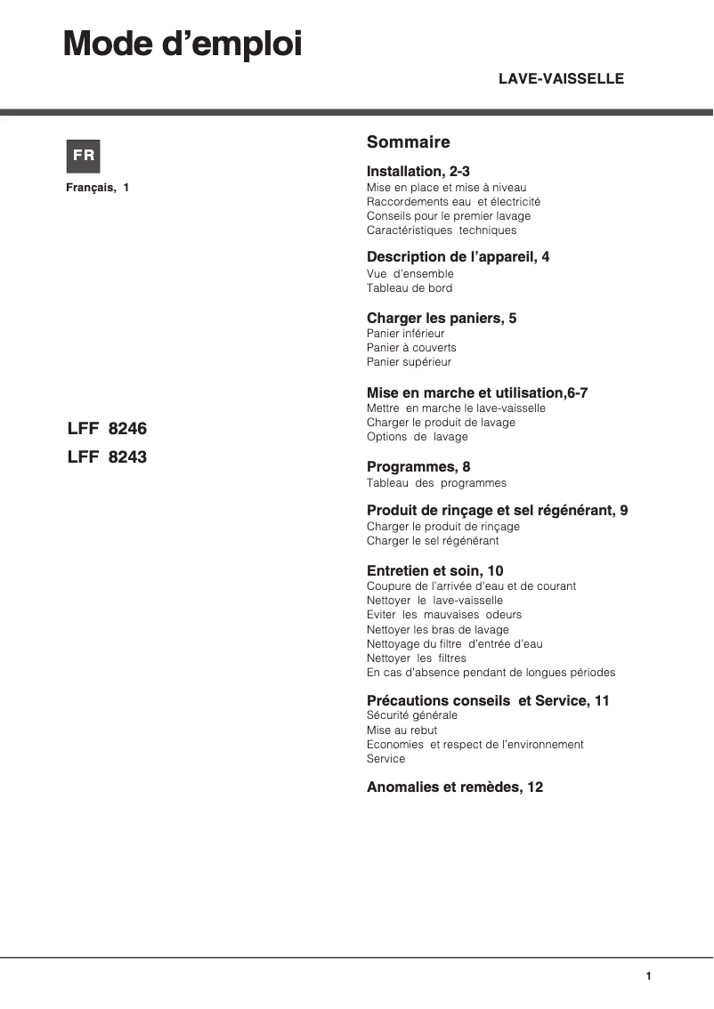 Page 1 de la notice Manuel utilisateur Hotpoint Ariston LFF 8243 X FR/HA.R