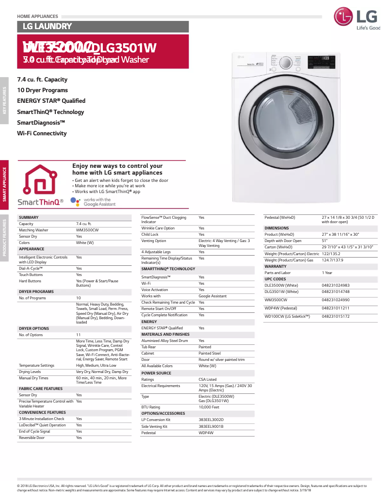 Page 1 de la notice Fiche technique LG DLE3500W