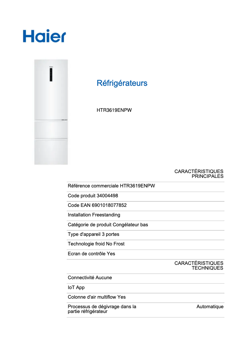 Page n°1 - Fiche technique Haier HTR3619ENPW