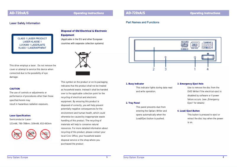 Page n°1 - Manuel utilisateur Sony Optiarc AD-7203A