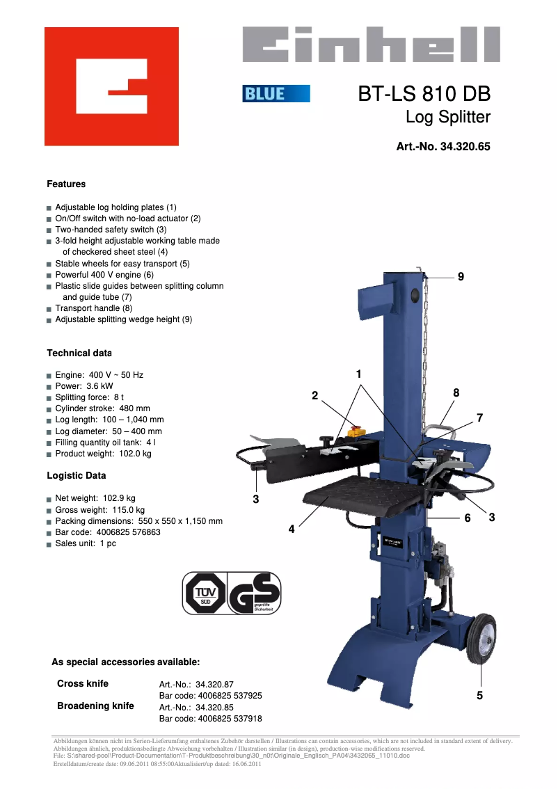 Page 1 de la notice Fiche technique Einhell BT-LS 810 DB