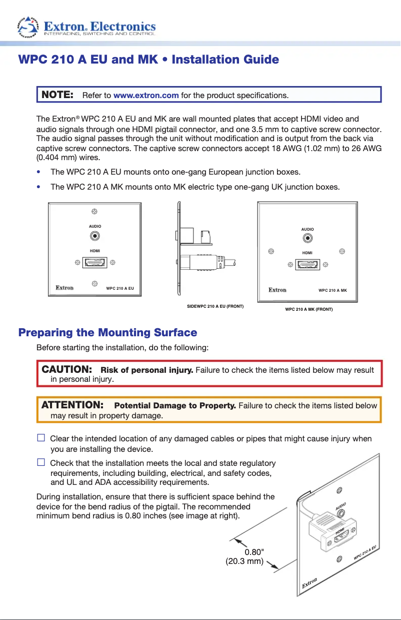 Page 1 de la notice Manuel utilisateur Extron WPC 210 A EU