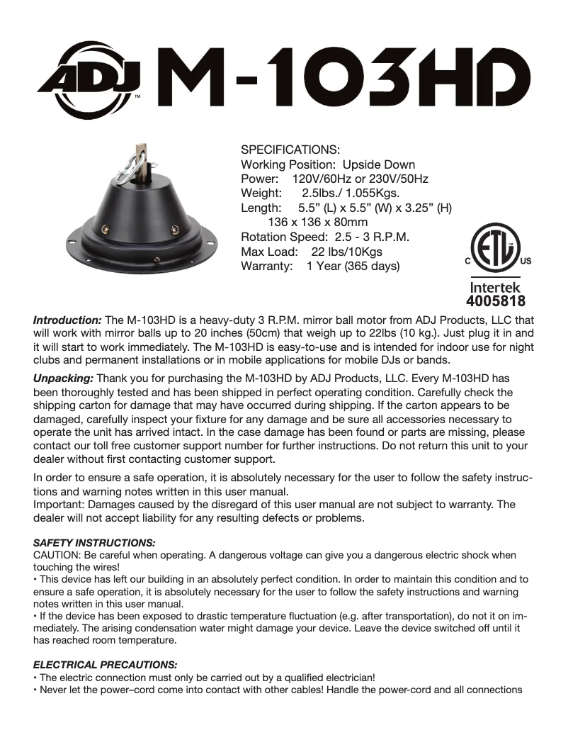 Image de la première page du manuel de l'appareil M-103HD