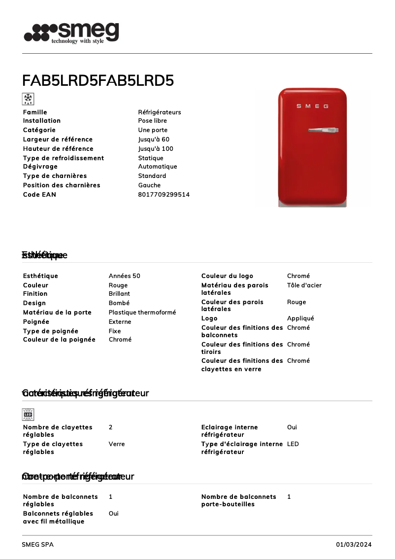 Page n°1 - Fiche technique Smeg FAB5LRD5