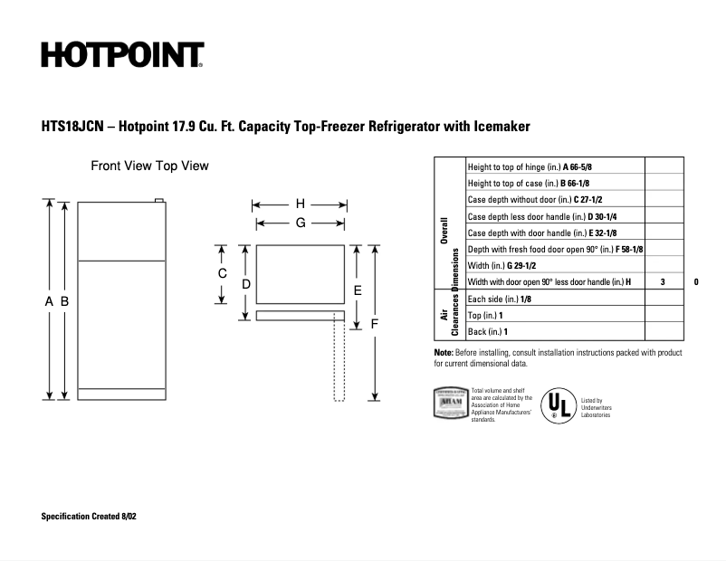 Page n°1 - Fiche technique Hotpoint HTS18JCNCC
