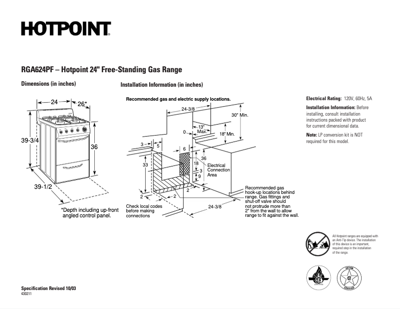 Page 1 de la notice Fiche technique Hotpoint RGA624PFWH