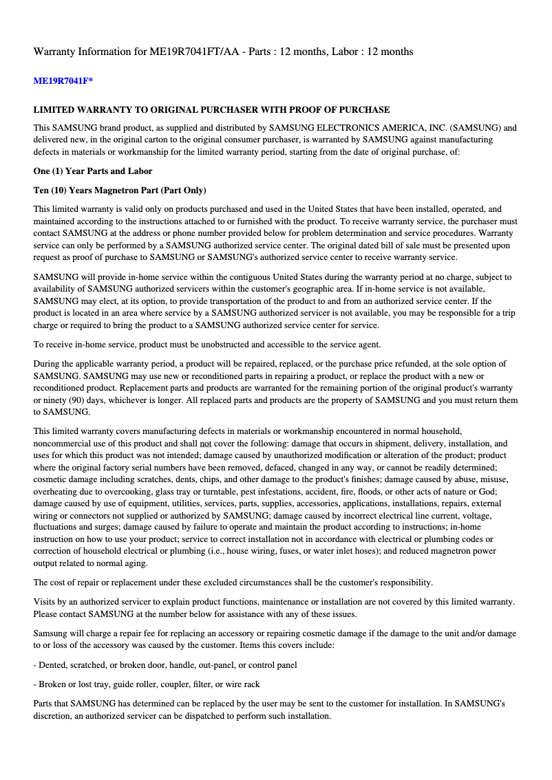 Page 1 de la notice Informations de garantie Samsung ME19R7041FT/AA
