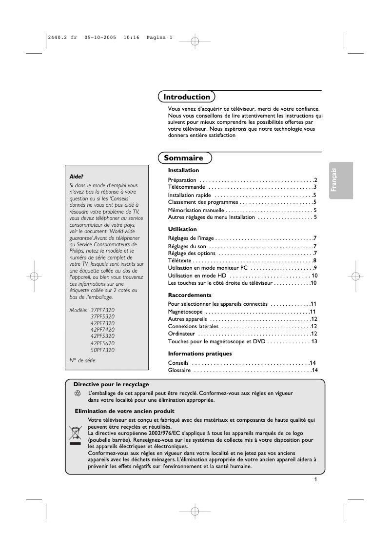 Image de la première page du manuel de l'appareil 50PF7320