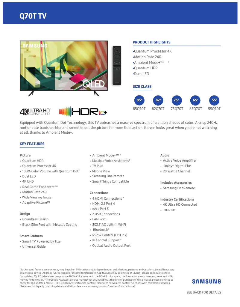 Page 1 de la notice Fiche technique Samsung QN55Q70TAFXZA